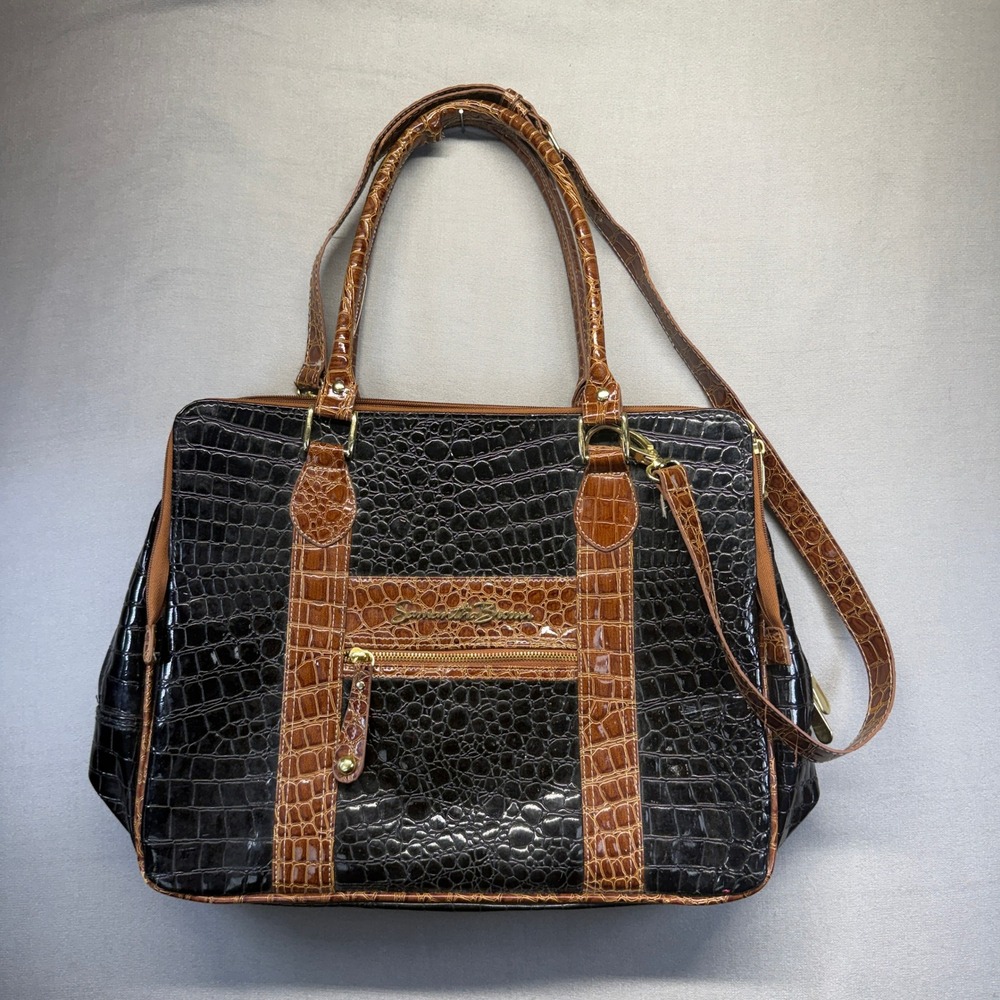 Samantha Brown Satchel Bag Women Black Brown Faux Leather Crocodile Carry On